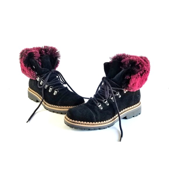 Sam Edelman Shoes - SAM EDELMAN Women's Black Suede Bowen Fashion Boots Sz 7 37 Dk Red Faux Fur Cuff